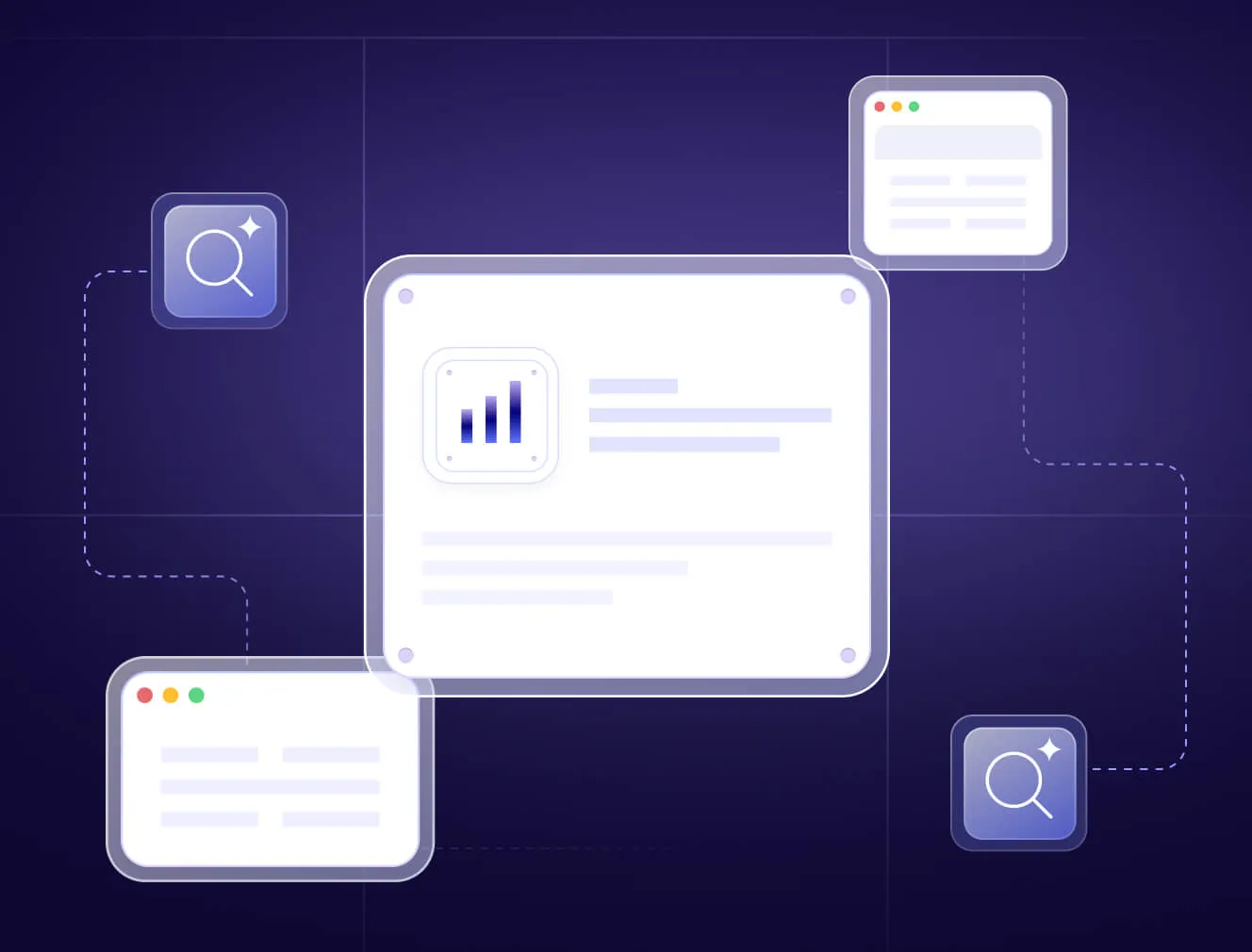 Digital interface with interconnected floating windows showing charts, text blocks, and search icons on purple background.