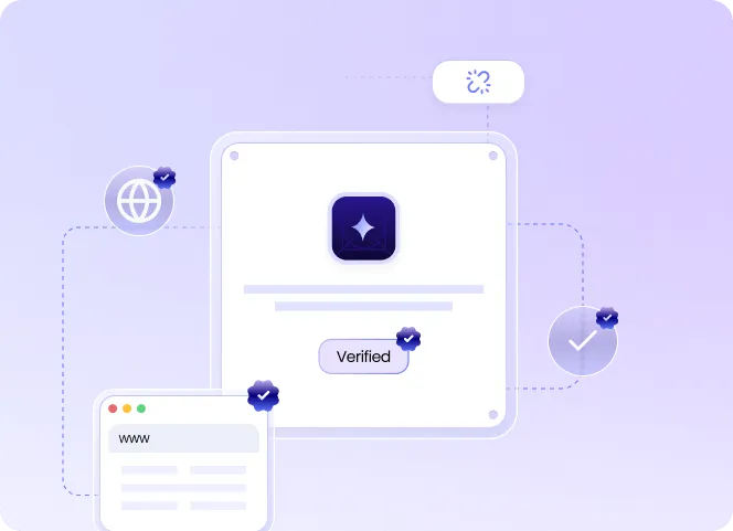 Illustration of interconnected icons representing verification with a verified badge on a central app icon, checkmark, webpage, and globe.