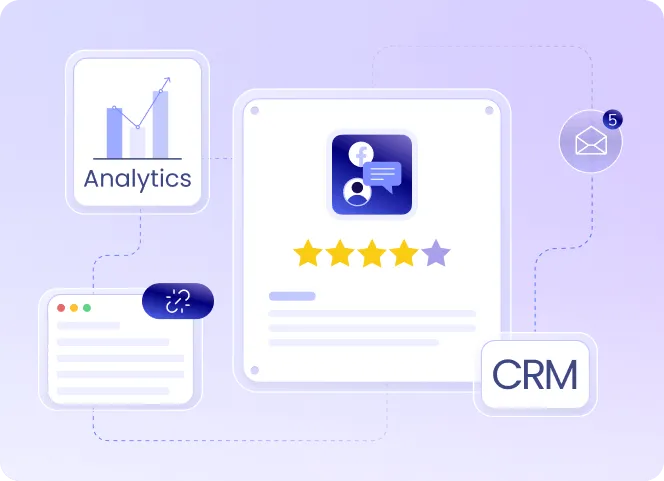 Illustration showing interconnected elements of analytics, customer reviews with star ratings, CRM, and email notifications on a purple background.