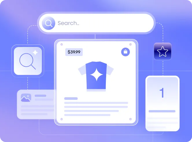 Digital interface illustration showing a search bar, a product card with a $39.99 price, a t-shirt icon, and icons for search, favorites, and ranking.