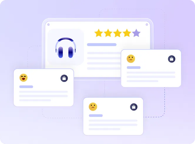 Digital interface showing a headphone icon with a 4 out of 5 star rating and three feedback cards displaying different emoji reactions.