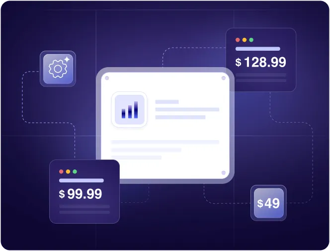 Digital interface showing dynamic pricing with connected price tags $99.99, $128.99, and $49 against a dark background.