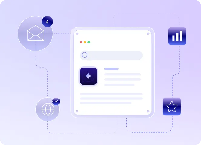 Illustration of a digital dashboard with a search bar surrounded by icons representing email notifications, website verification, analytics, and favorites.