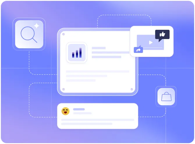Illustration of interconnected icons representing data analysis, social media engagement with like and share buttons, search, shopping, and an emoji comment on a bluish gradient background.