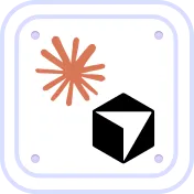 Icon with an orange flower-like shape and a black and white cube inside a rounded square border.