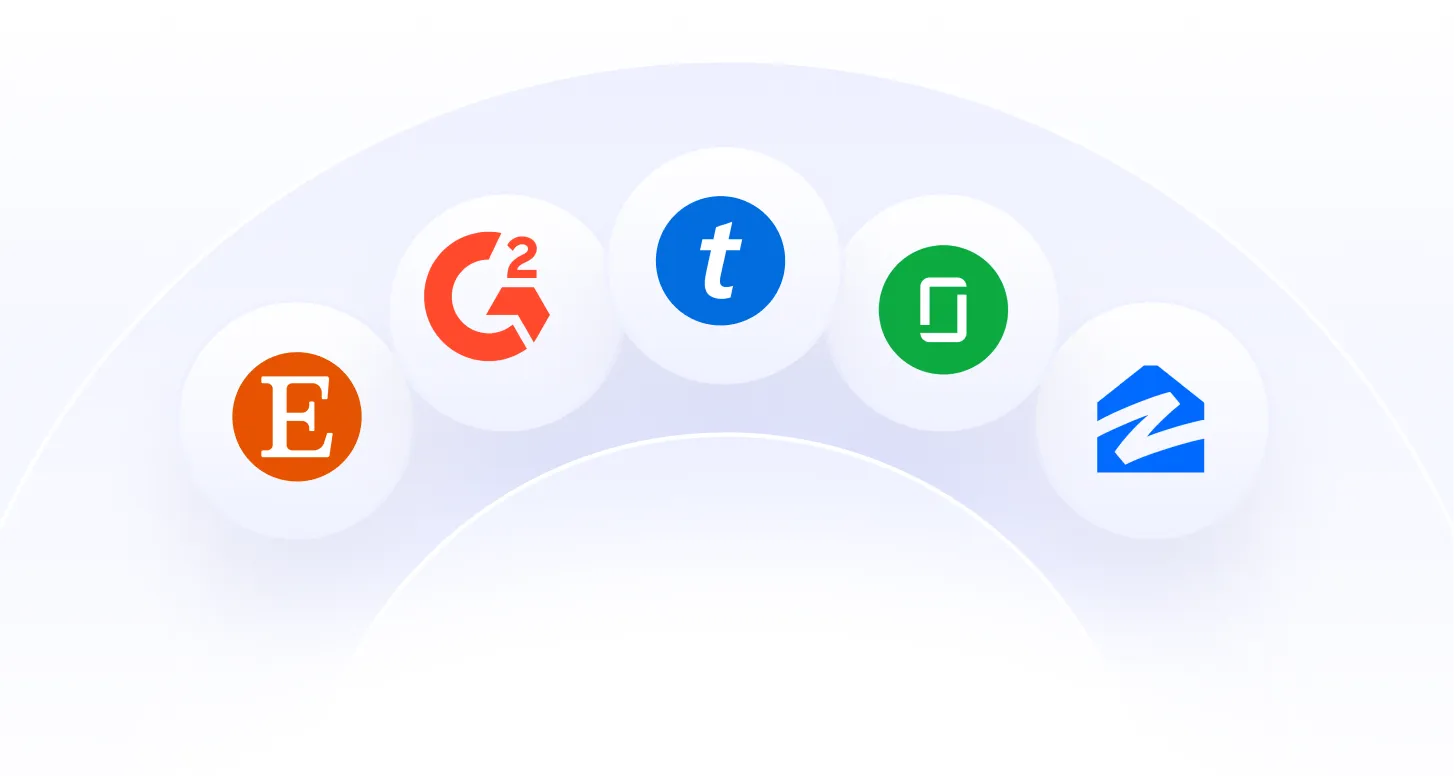Logos of Etsy, G2, Trustpilot, TrustRadius, and Zillow arranged in an arc.