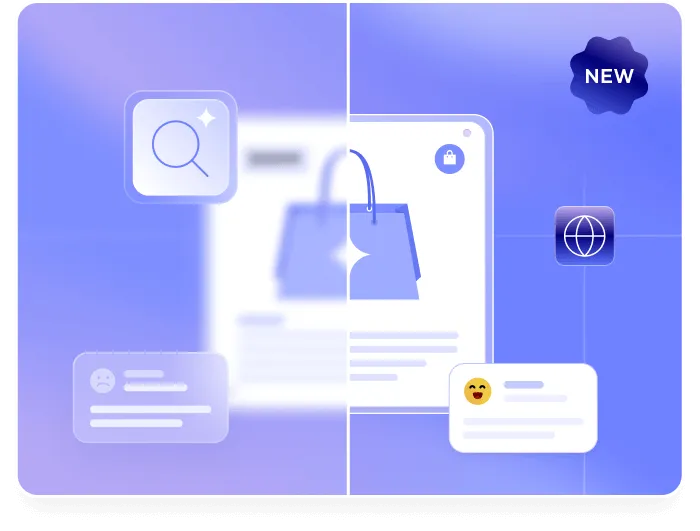 Illustration of a shopping bag on a digital interface with icons of a magnifying glass, globe, and user comments showing sad and happy emojis, labeled as new.