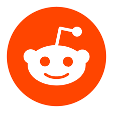 Red circle with white Reddit alien mascot face, featuring two orange eyes and antenna with a circle tip.