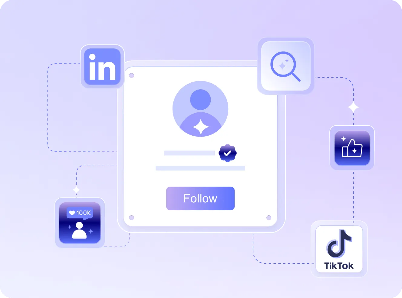 Illustration of a social media profile card with a follow button connected to LinkedIn and TikTok icons, and icons representing user engagement such as likes and search.
