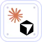 Black and white 3D cube icon next to an orange asterisk-like symbol on a light background with rounded corners.
