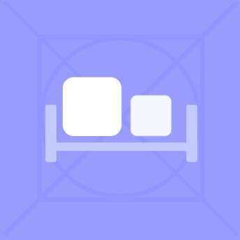 Icon of a bed with one large and one small pillow on a purple background with geometric lines.