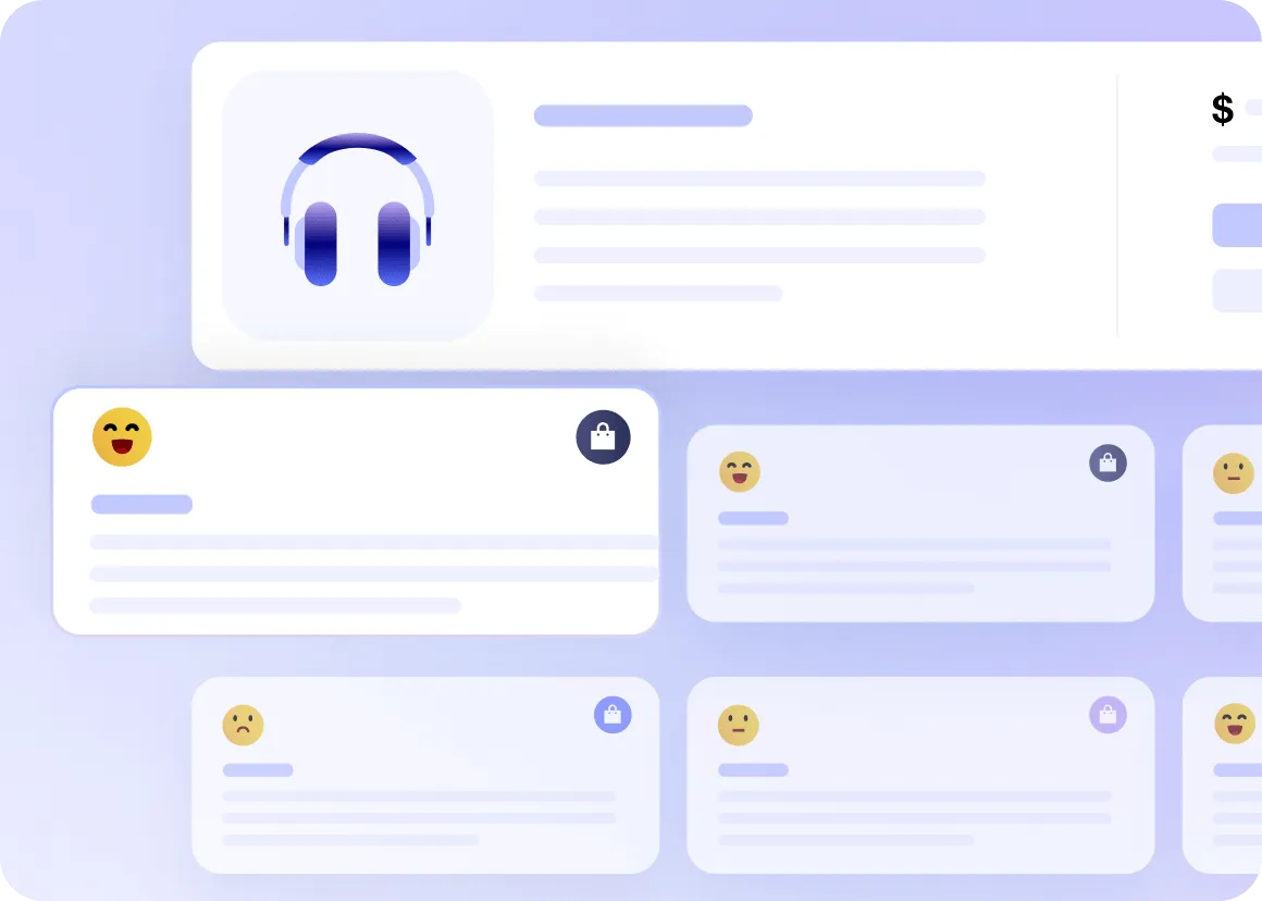 Interface displaying a large blue headphone icon with text and a price section, alongside multiple review cards featuring different emoji reactions like happy, sad, and neutral with lock icons.