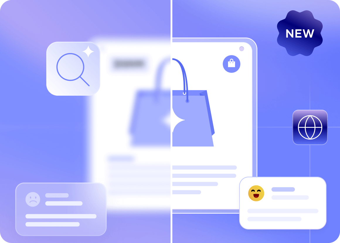 Split screen showing a blurry left side with a sad review and a clear right side with a happy review for an online shopping bag, featuring new and globe icons.