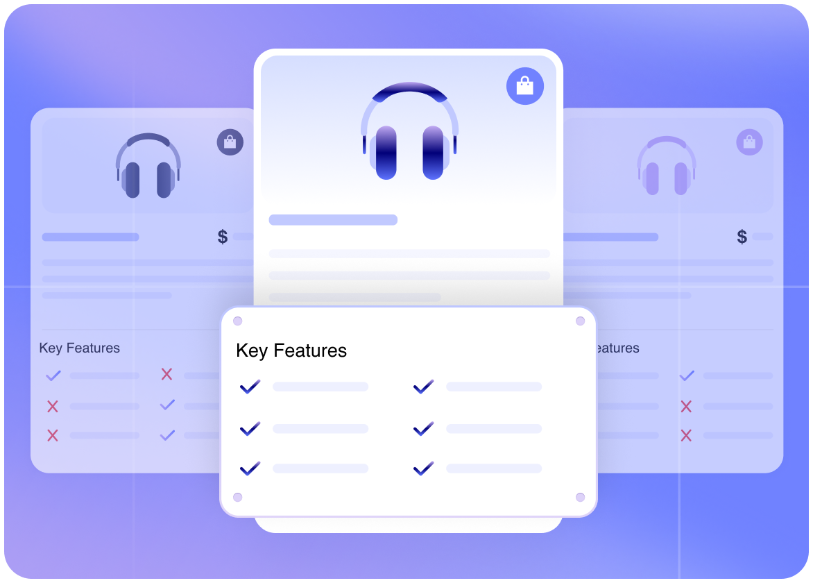 Digital comparison of three headphone plans with a focus on key features checklists, highlighting a premium plan in the center.