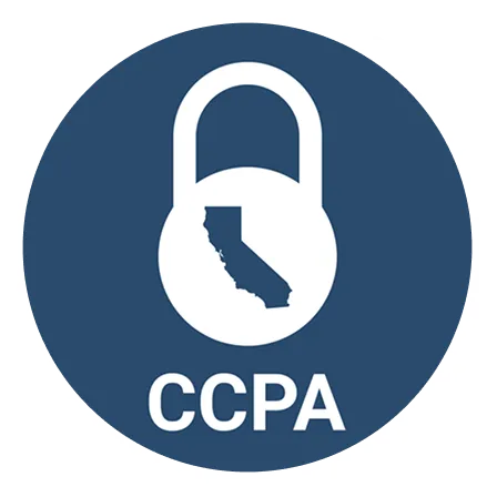 Blue circular badge with a white padlock containing the shape of California and the letters CCPA beneath it.