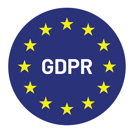 Circle of twelve yellow stars on a blue background surrounding the white text GDPR.