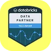 Databricks Data Partner badge with a blue graph line on a black and yellow shield background.
