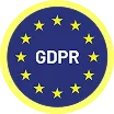 Blue circle with yellow stars around the edge and the letters GDPR in the center, symbolizing the General Data Protection Regulation.