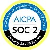 Badge showing AICPA SOC 2 Compliance with a gold and blue circular design.