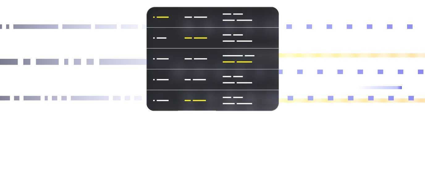 Illustration of a dark pop-up table with five rows of data, showing yellow and white lines representing text, connected by purple and yellow dotted and solid lines extending horizontally.