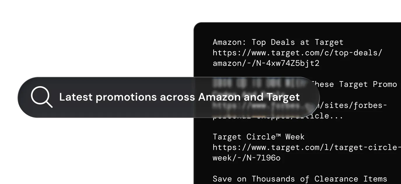 Search bar overlay with text 'Latest promotions across Amazon and Target' over a list of URLs and promotion details.