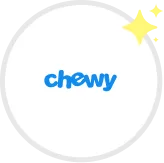 Chewy company logo in blue script with sparkle graphic on upper right.