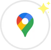 Google Maps location pin icon with decorative sparkles.