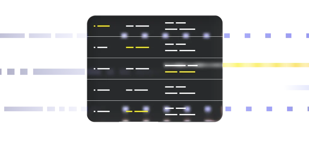 A dark panel with five rows of partially blurred text and yellow highlights, centered over a black background with purple dashed lines extending horizontally on the left and right.