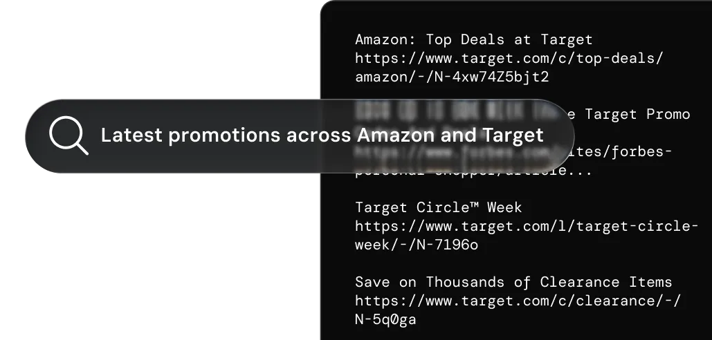 Search bar with text 'Latest promotions across Amazon and Target' over a dark background showing URLs and promotional text for Amazon and Target deals.