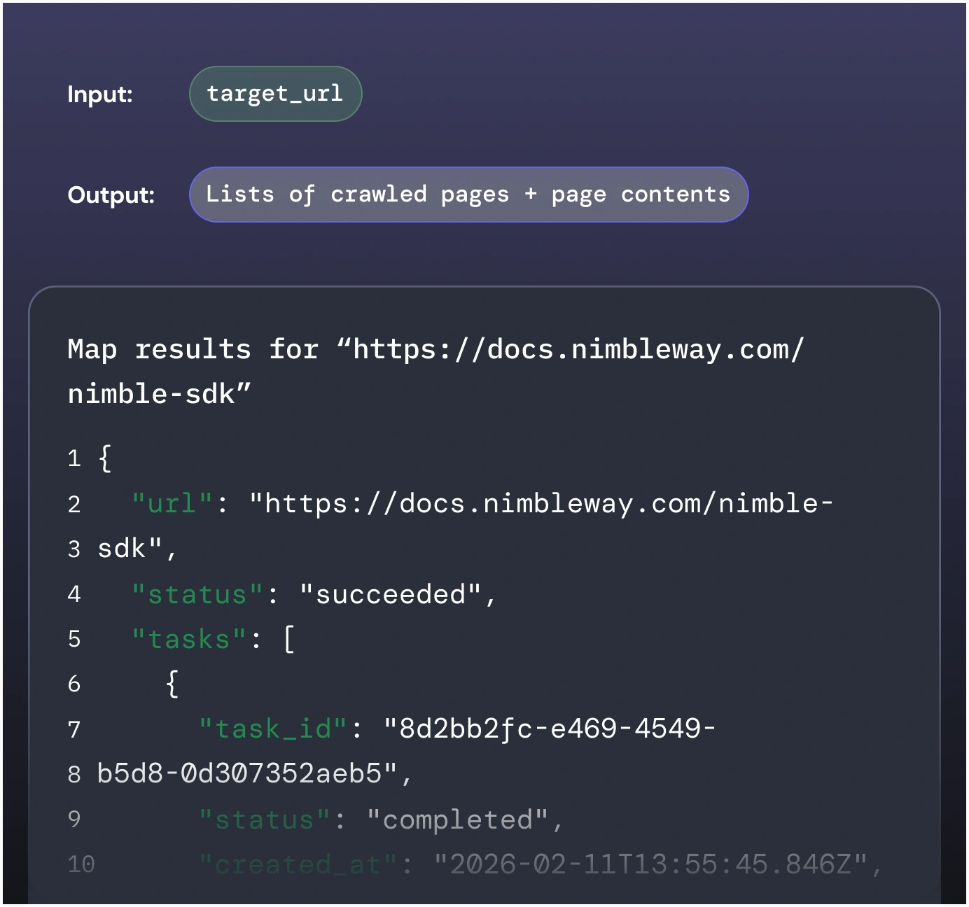 Code snippet showing JSON output mapping crawled web pages and their contents with URL, status, tasks, task_id, and timestamps from nimble SDK documentation.