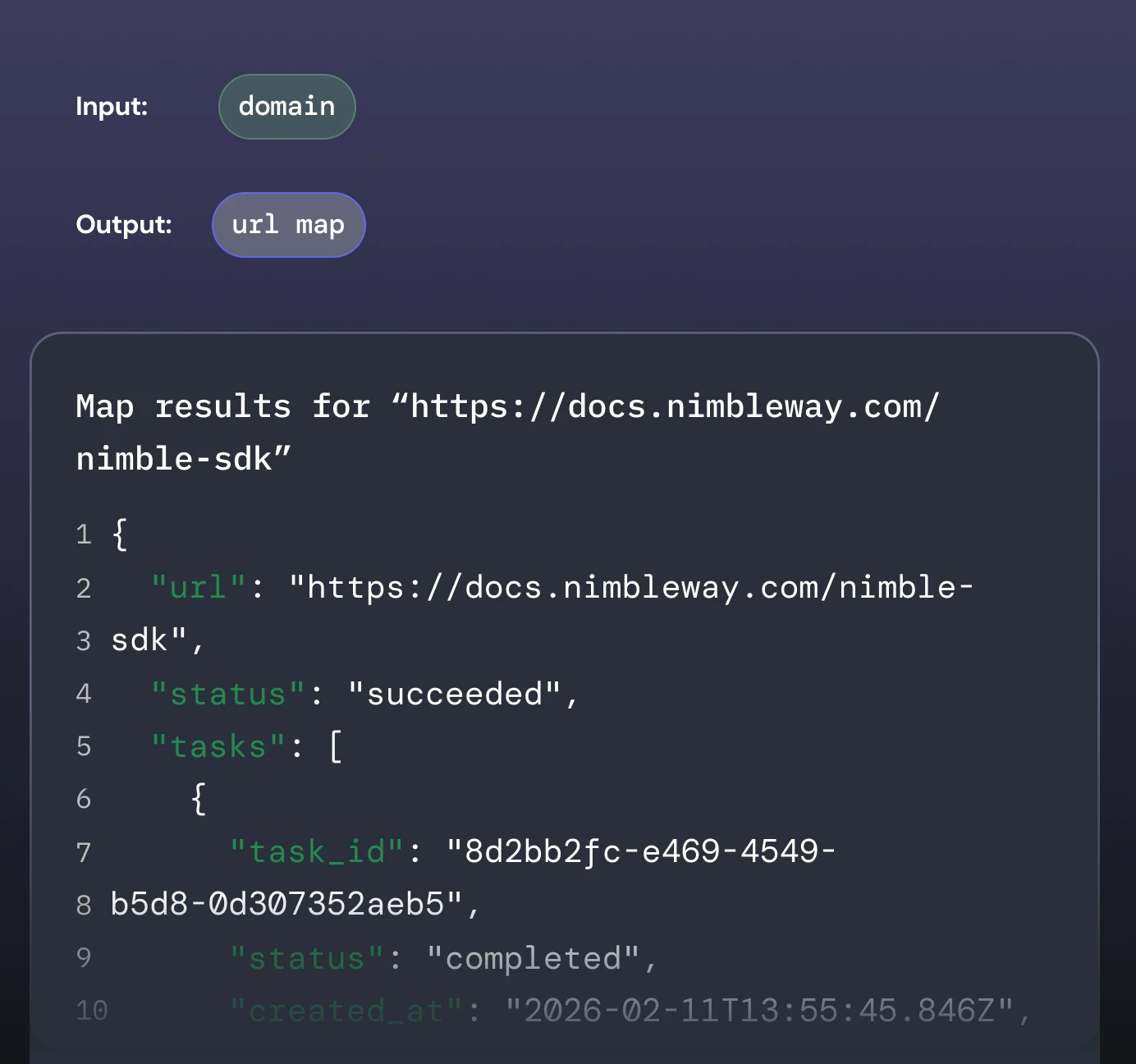 Code snippet showing a JSON response mapping URL data for https://docs.nimbleway.com/nimble-sdk including task details and status.