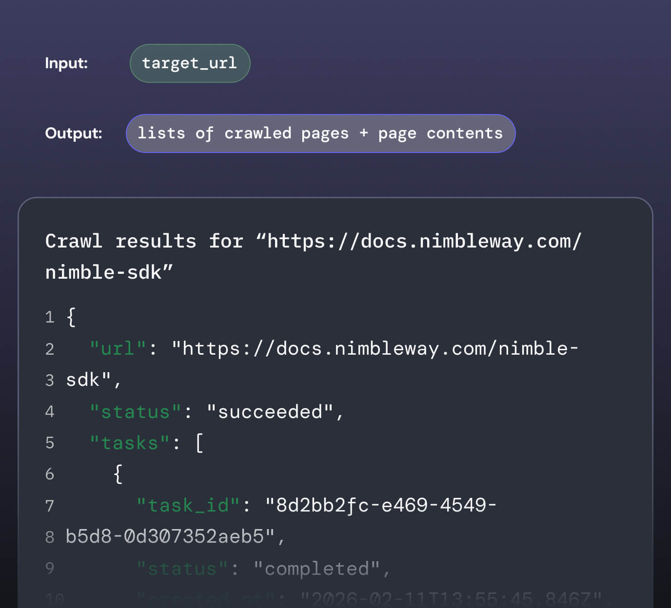Code snippet showing input target_url and output lists of crawled pages plus page contents with JSON crawl results for nimble-sdk URL.