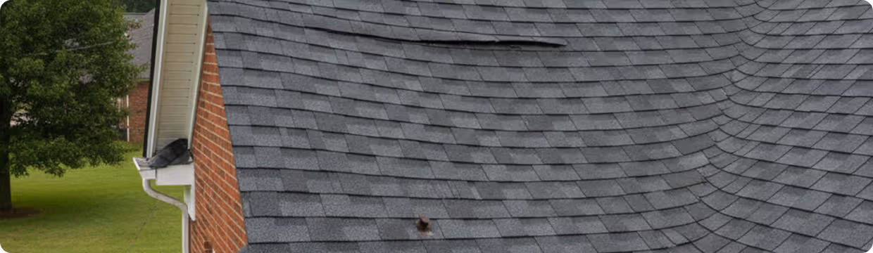 Gray shingled roof with a vent pipe and curved roof section on a brick house with green grass and a tree in the background.
