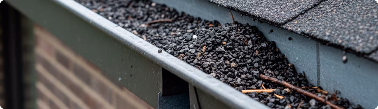 Close-up of a house roof gutter filled with small black gravel and debris.