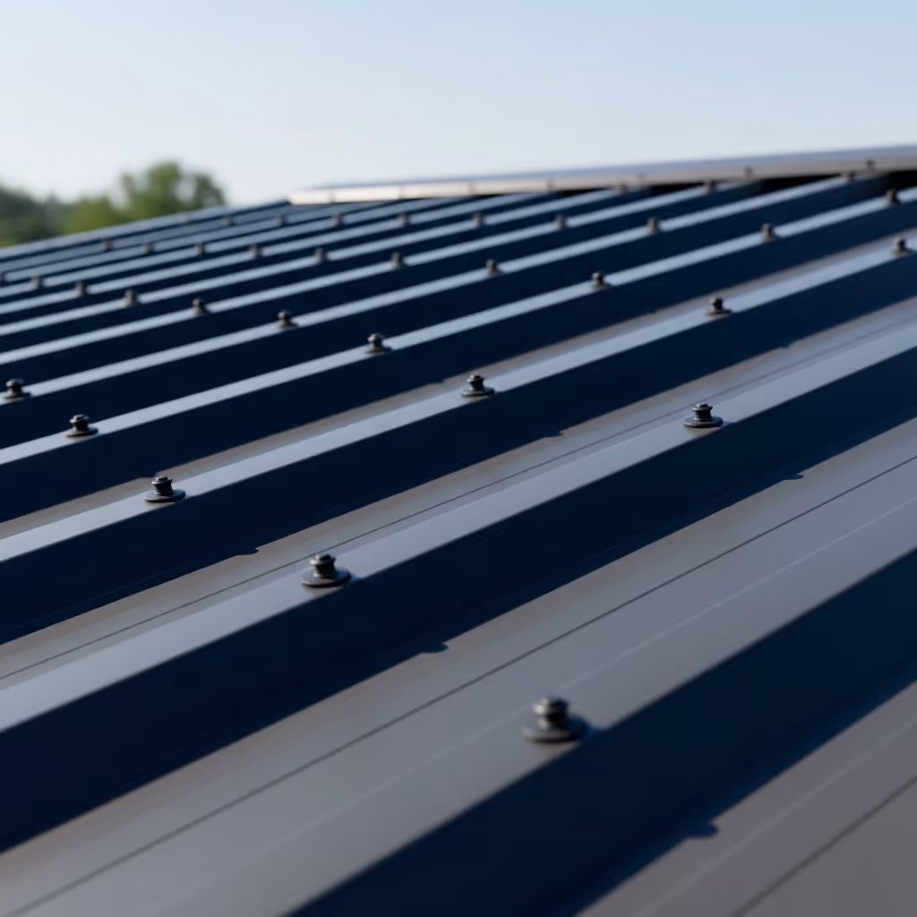 Close-up of a dark gray metal roof with evenly spaced screws under a clear sky.