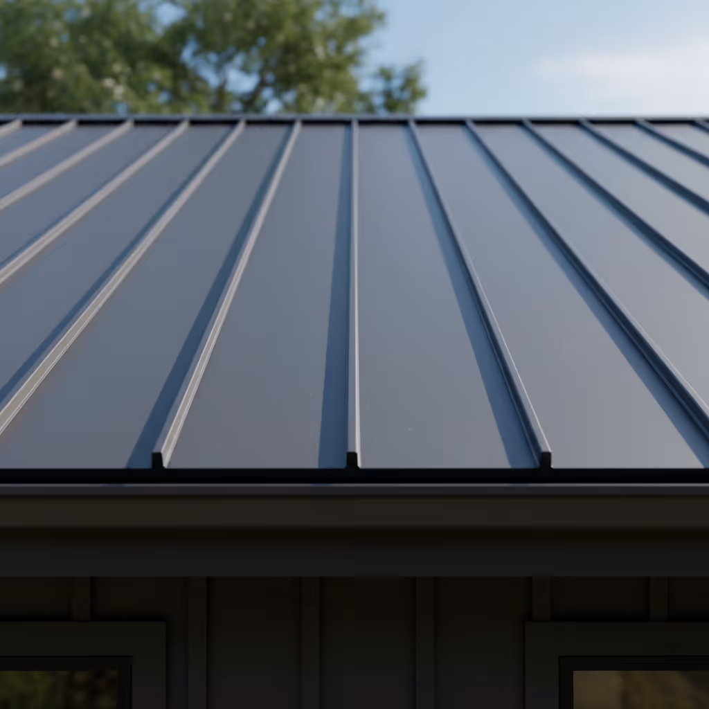 Close-up view of a modern dark gray standing seam metal roof with trees and sky in the background.