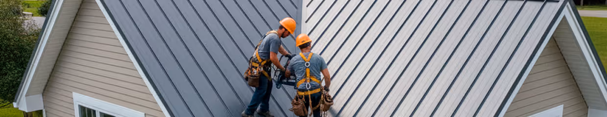 Two construction workers wearing orange helmets and safety harnesses working on a metal roof of a house.