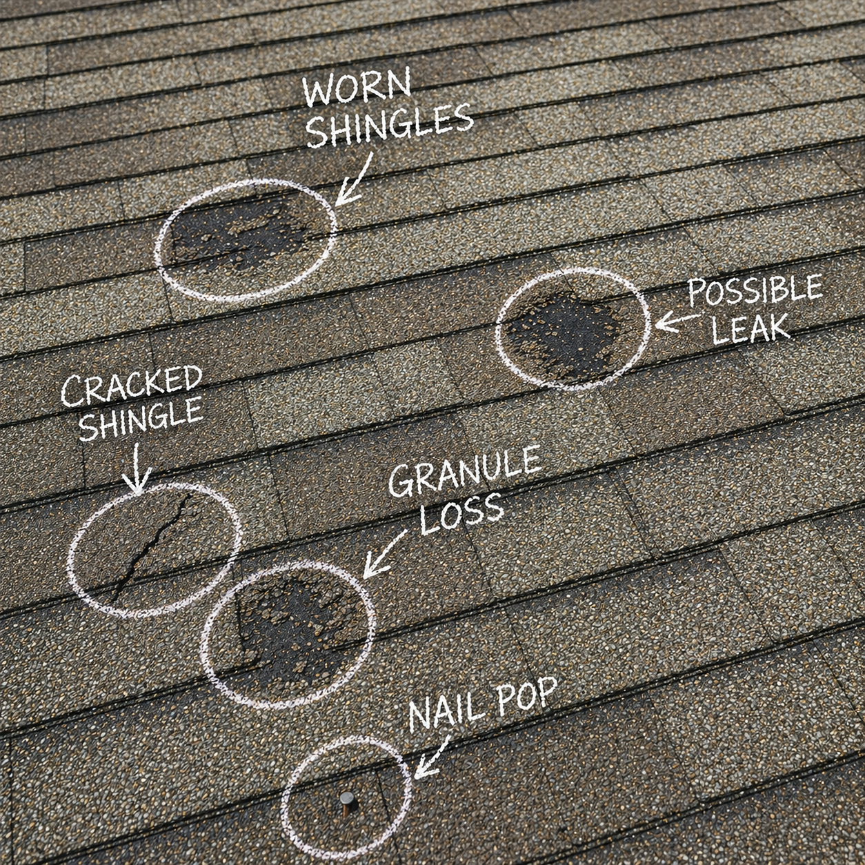 Roof with visible damage marked using chalk circles highlighting wear, cracks, and potential leak areas