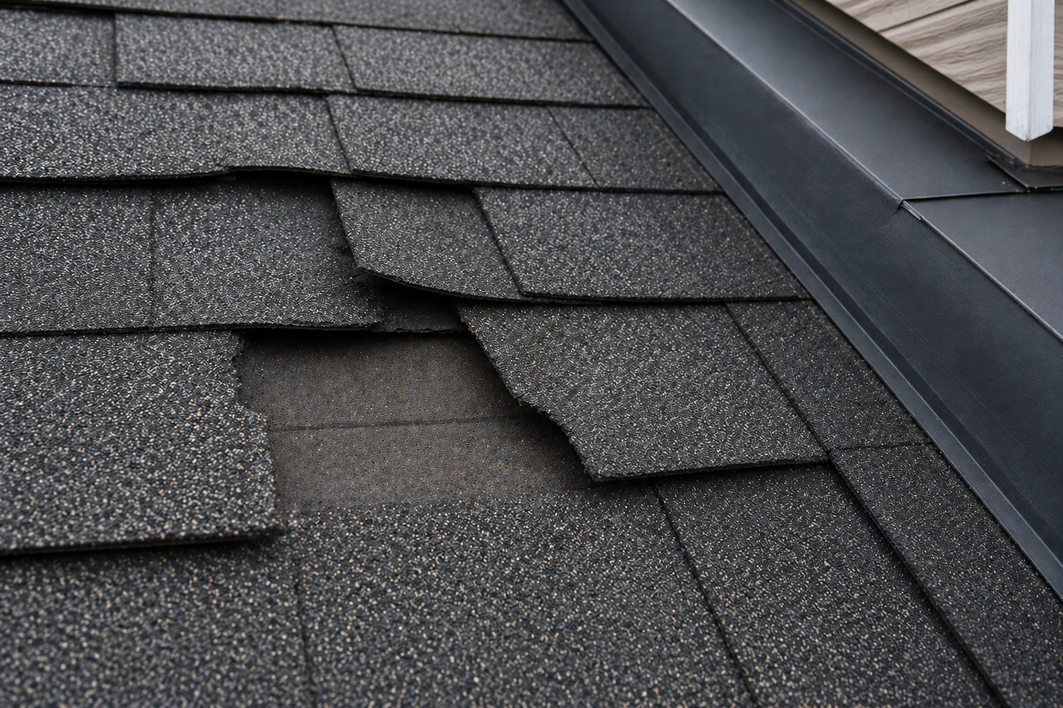 Close-up of roof with lifted and missing shingles exposing the underlayment beneath