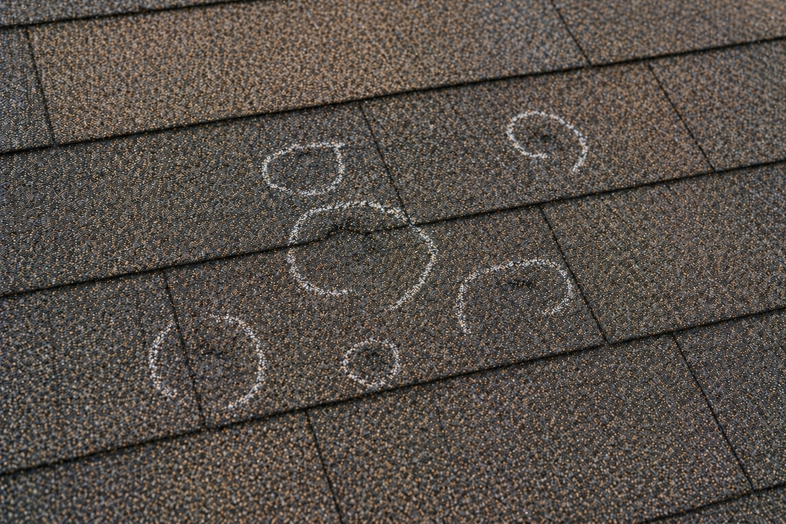 Hail impact damage on shingles marked with irregular chalk circles during roof inspection