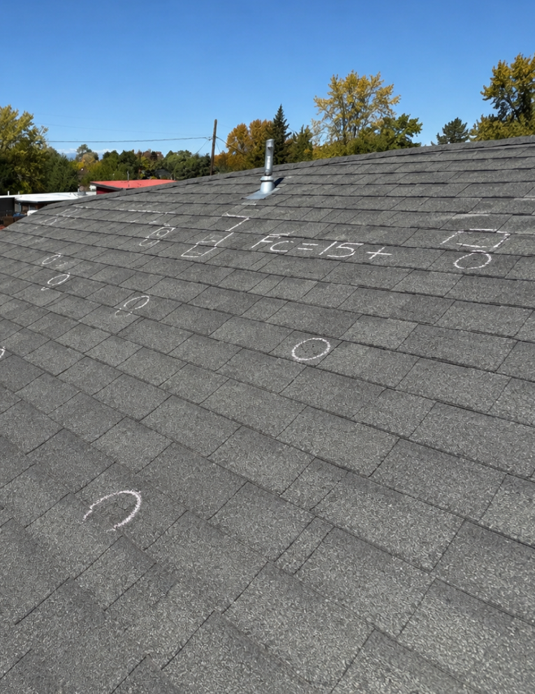 Professional roof inspector examining asphalt shingles up close to identify damage and assess roof condition