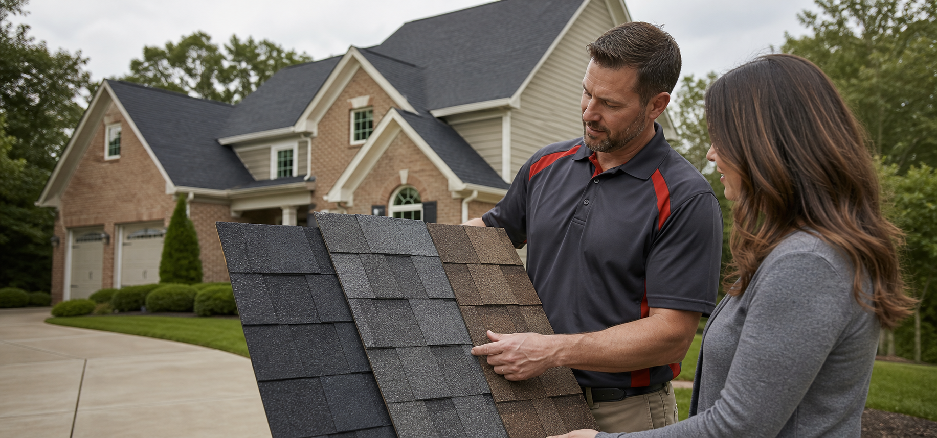 A roofing specialist helping a homeowner compare asphalt shingle colors and profiles.