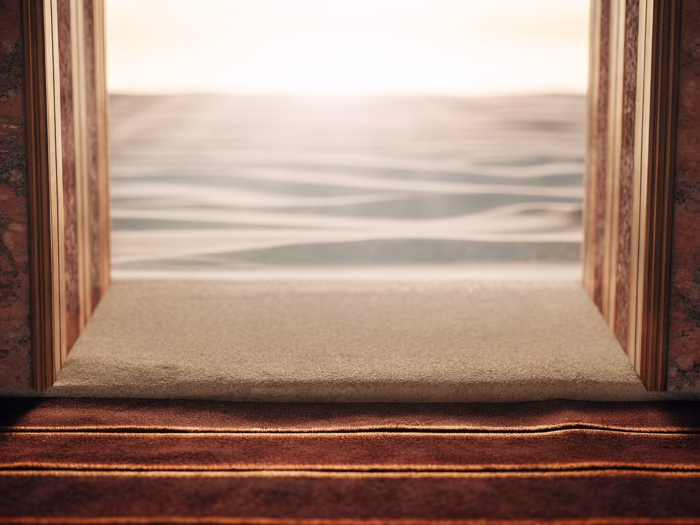 Offene Tür mit dekorativem Rahmen, die auf eine helle, sandige Wüstenlandschaft bei Sonnenlicht blickt.