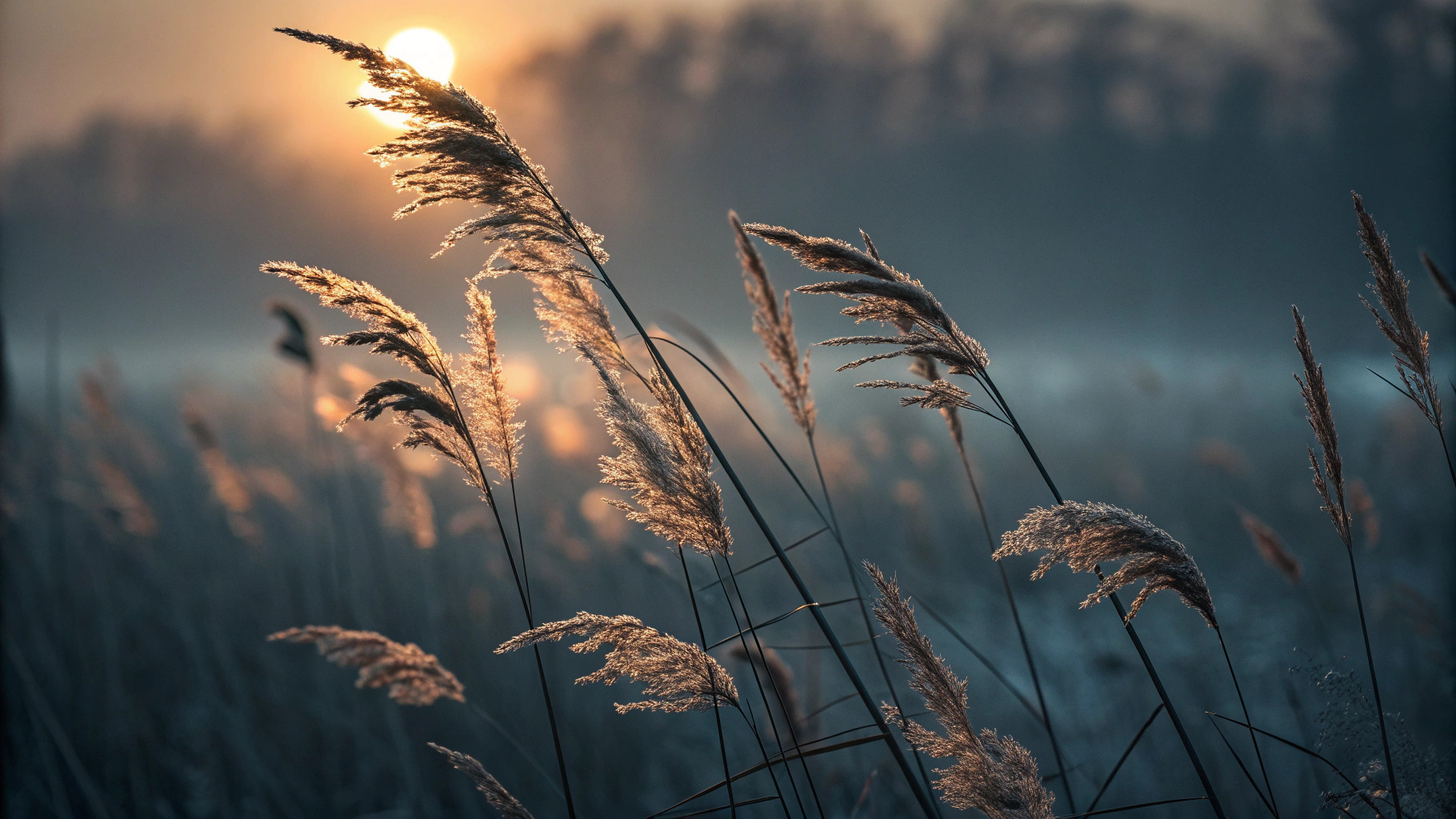 Getrocknete Grasstängel, im Gegenlicht der untergehenden Sonne in nebliger Landschaft.