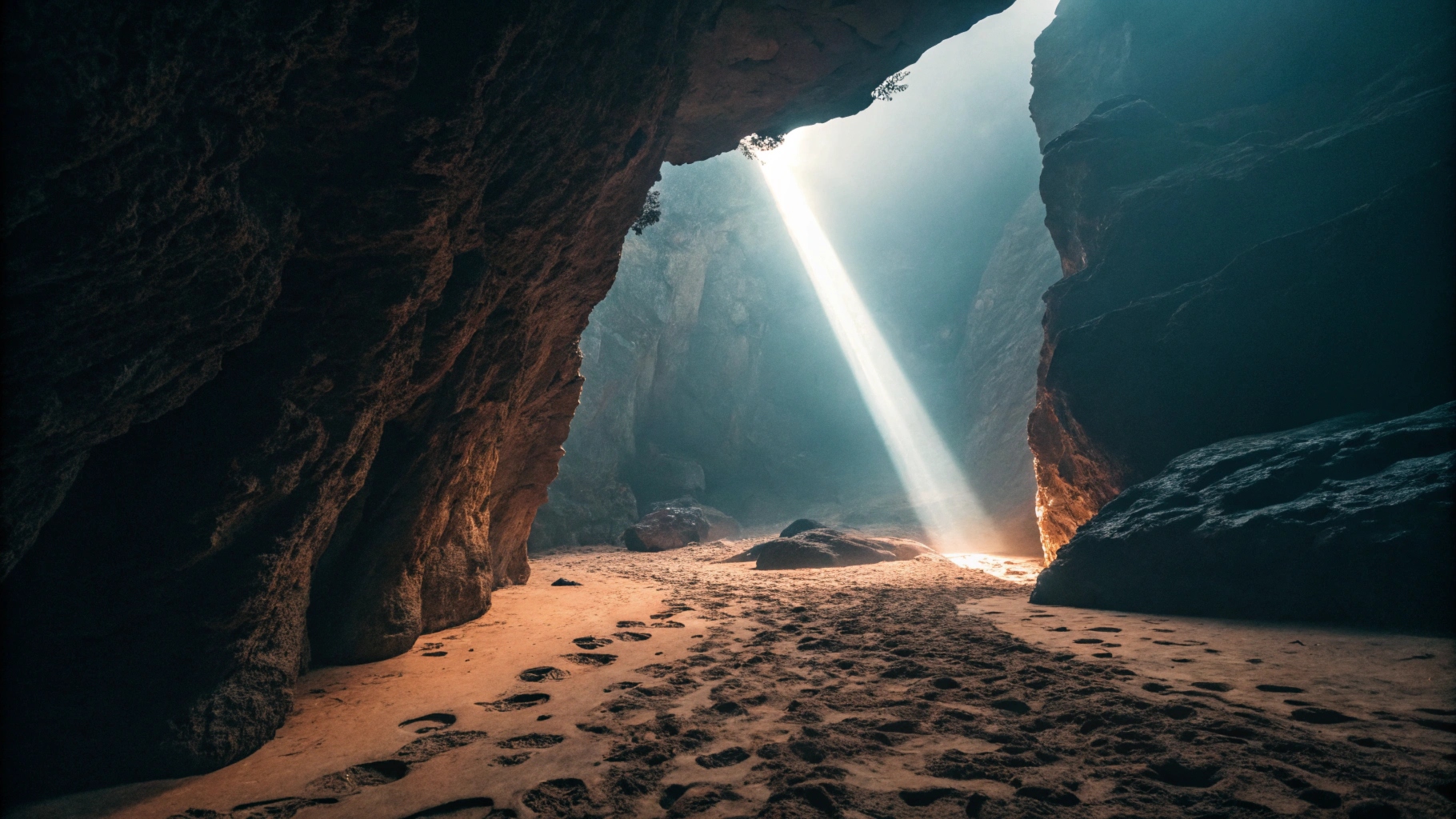 Lichtstrahl fällt durch einen schmalen Spalt in einer dunklen Höhle auf den sandigen Boden mit Fußspuren.