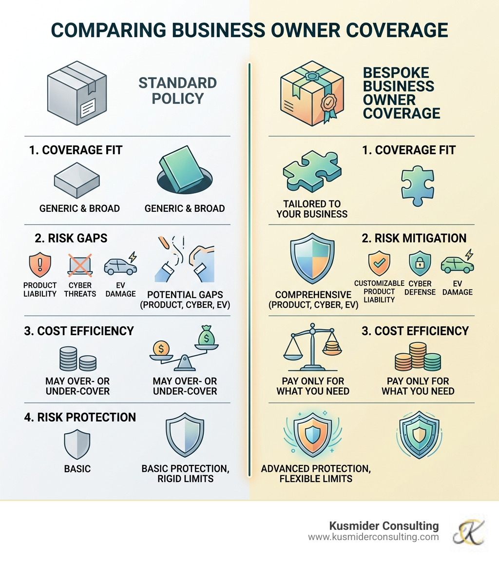 Infographic comparing standard vs bespoke business owner coverage features, costs, and risk protection - bespoke business