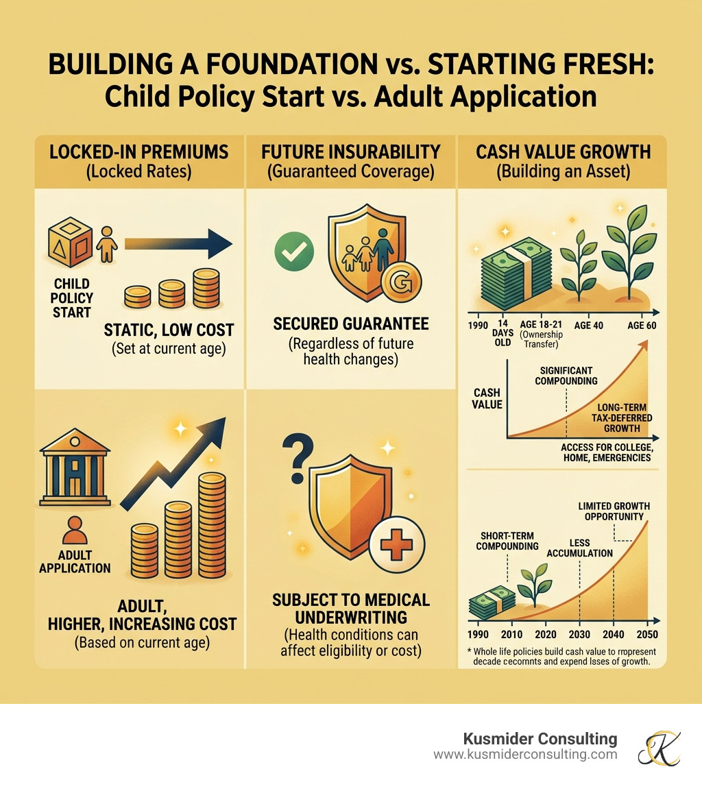 Infographic comparing early child policy starts vs. adult applications: premiums, insurability, and cash value growth Infographic comparing early child policy starts vs. adult applications: premiums, insurability, and cash value growth