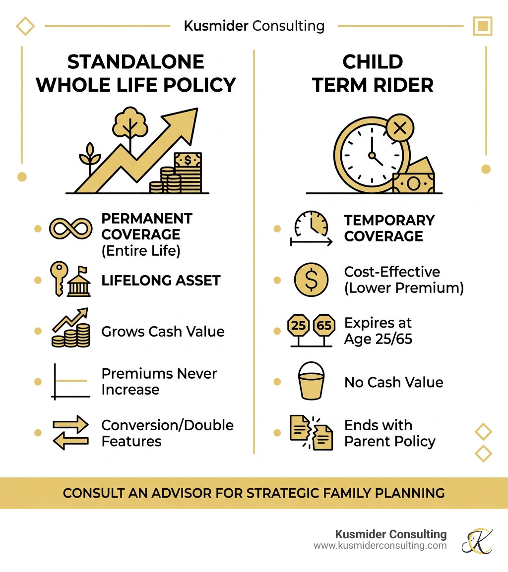 Infographic showing the cost-benefit analysis of standalone policies vs riders - child life insurance policies infographic Infographic showing the cost-benefit analysis of standalone policies vs riders - child life insurance policies infographic
