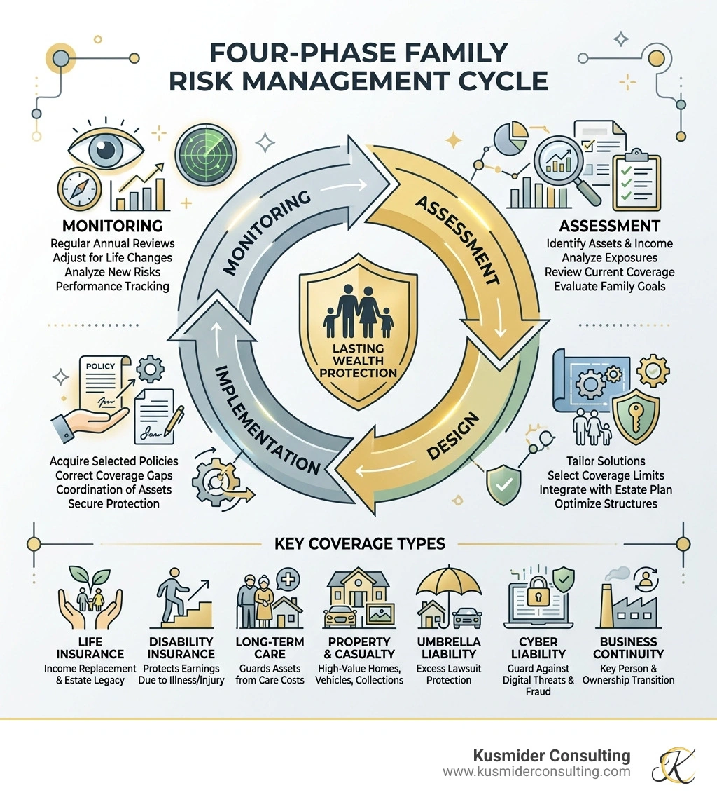 Four-phase family risk management cycle: Assessment, Design, Implementation, Monitoring with key coverage types - family Four-phase family risk management cycle: Assessment, Design, Implementation, Monitoring with key coverage types - family