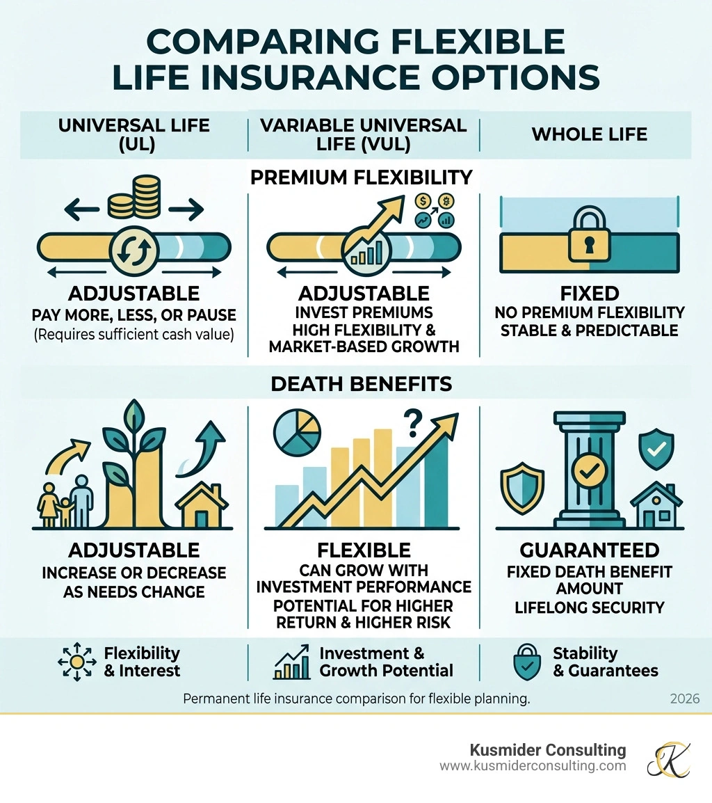 Infographic comparing premium flexibility and death benefits across UL, VUL, and Whole Life - flexible premium life options Infographic comparing premium flexibility and death benefits across UL, VUL, and Whole Life - flexible premium life options